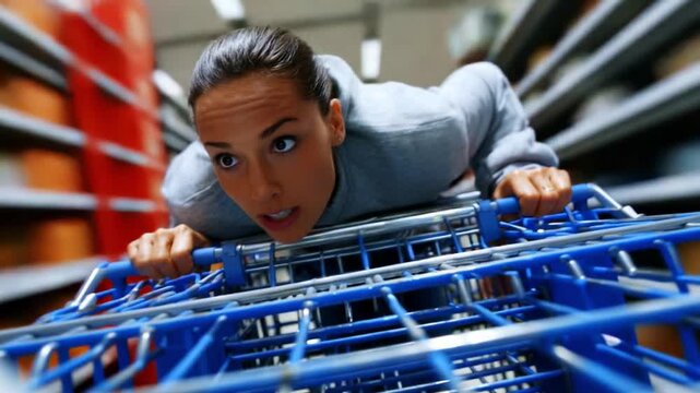 A dynamic journey through an aisle, showcasing a woman leaning forward in a shopping cart, emphasizing excitement and urgency in a vibrant retail environment.