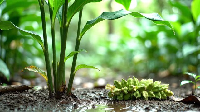 Lush scene of green plants sprouting from dark damp soil alongside fallen cardamom pods evoking a tropical atmosphere
