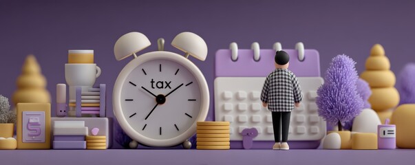Animated purple alarm clock with tax calendar, coins and a tiny figure symbolizing tax time and finances