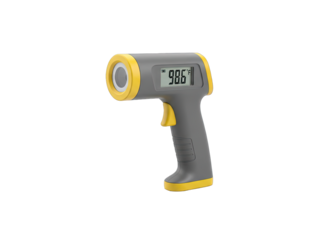 Modern Gray and Yellow Infrared Thermometer Displaying 98.6 Degrees Fahrenheit Isolated on Black Background with Clipping Path