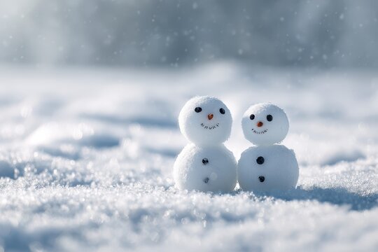 Cute Mini Snowman Couple in Winter Snow — Minimalist Christmas Holiday Scene - Powered by Adobe