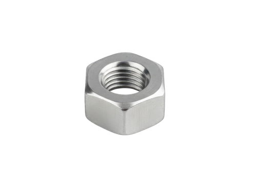 Hexagonal Silver Metal Nut with Threaded Interior and Smooth Surface Isolated on Black Background with Subtle Lighting
