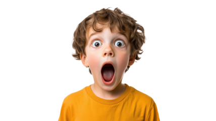 A child expresses astonishment with a big mouth and wide eyes, wearing a yellow shirt in a bright setting.