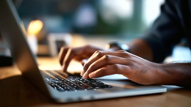 Hands typing on laptop keyboard face completely hidden computer work digital design typing activity keyboard focus work in progress laptop use desk workspace defocused wit