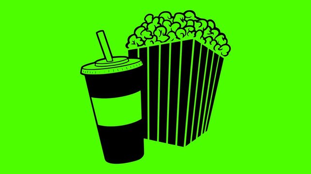 box illustration popcorn silhouette cinema logo video icon green outline screen snack bucket food corn entertainment movie white striped shape up vector graphic background