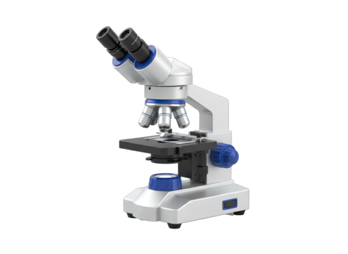 Modern Laboratory Microscope With Blue Accents And A White Body Set Against A Transparent Background Ready For Scientific Research And Discovery - Powered by Adobe