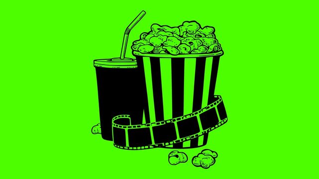 box illustration popcorn silhouette cinema logo video icon green outline screen snack bucket food corn entertainment movie white striped shape up vector graphic background