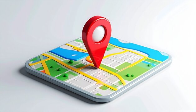 Vector illustration of a GPS car navigation system map with a location pin marker and directional arrow symbol