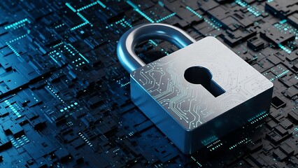 digital security concept with padlock on circuit board background