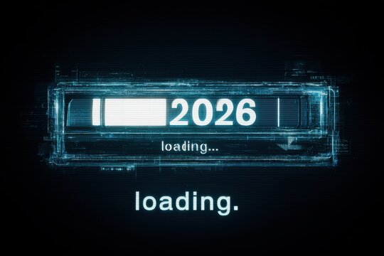 Futuristic blue loading bar with the year 2026 and digital interface glow for a tech-themed scene