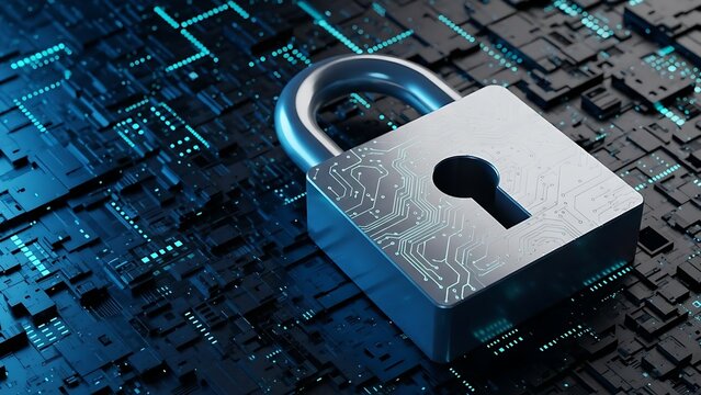 digital security concept with padlock on circuit board background