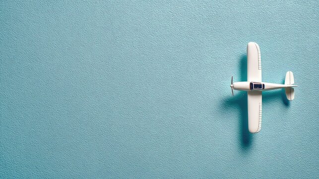 Dreamy flight concept featuring a miniature white airplane on a soft blue textured backdrop, perfect for travel blogs, aviation themes, or inspiring adventure and wanderlust