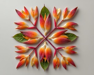 Intricate floral mandala arrangement featuring vibrant orange and red buds with green leaves on a neutral background