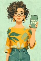 Stylish young woman with glasses holds up smartphone displaying 2026 in a colorful illustration