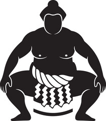A black and white silhouette of a traditional sumo wrestler in a squatting pose