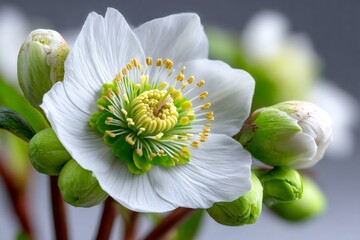 Hellebore flower blooming with white petals and green stamens