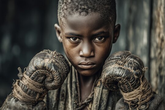 A determined child wraps his hands as a makeshift boxing glove, embodying resilience, struggle, and youthful spirit. The image conveys grit, focus, and dramatic realism. - Powered by Adobe