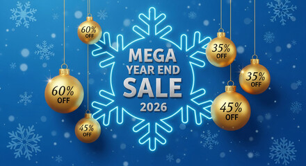Festive blue background with snowflake graphic, gold ornaments displaying discounts, and a neon snowflake frame. It showcases a year-end sale event