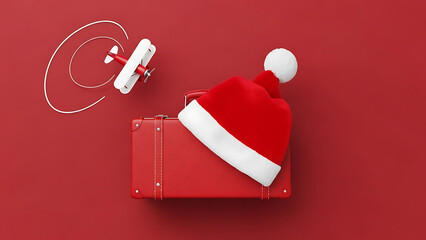 Minimalist Christmas travel scene showing a toy airplane flying over a red suitcase adorned with a Santa hat for a winter vacation