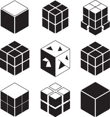 Geometric Puzzle Cubes in Black and White Illustrating Complexity and Logic