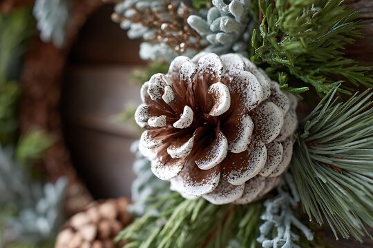 A detailed view of a pinecone dipped in white paint and glitter, nestled among fresh pine branches on a wreath - Powered by Adobe