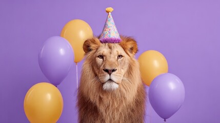A lion wears a bright party hat while surrounded by purple and yellow balloons, creating a fun and festive atmosphere perfect for a celebration