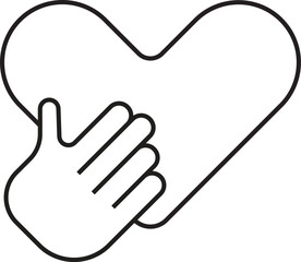 A simple black and white line drawing of a hand holding a heart, symbolizing love, care, and compassion.