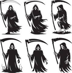Grim Reaper silhouettes collection with scythes for Halloween designs