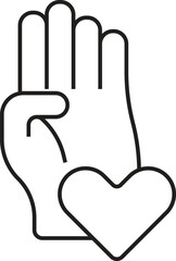 A line art icon of a hand making a three-finger salute with a heart symbol, representing a pledge of love and support.