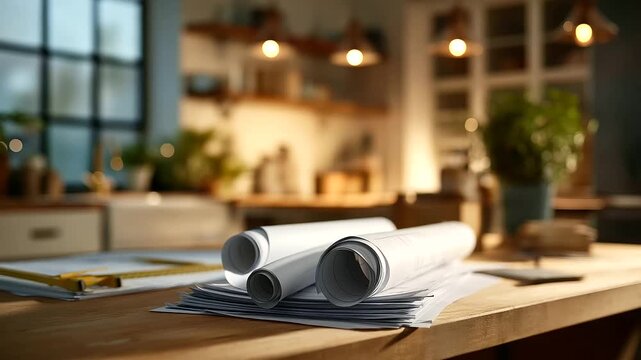 Architect workspace with blueprints and materials no people visible design studio architectural plans work surface professional environment planning materials drafting desk