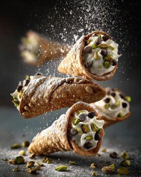 Three cannoli filled with cream, topped with chocolate chips and pistachios, with powdered sugar falling over them.