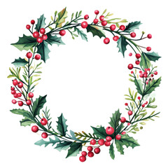 Fototapeta premium Festive holiday wreath decorated with red berries and green leaves for seasonal celebrations.