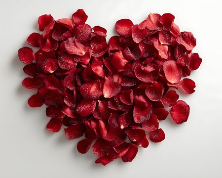 A heart shape formed by vibrant red rose petals on a white background