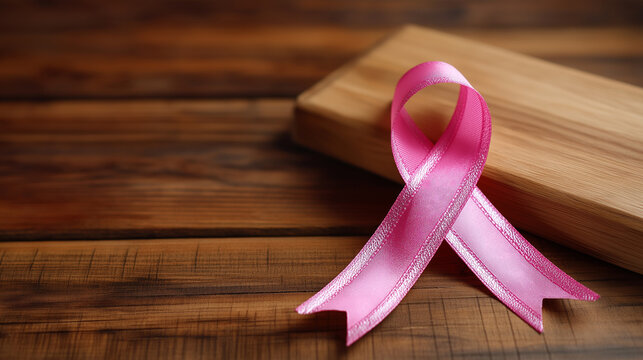 Pink awareness ribbon, wooden background surface, breast cancer health concept, medical care symbolism, healthcare advocacy display, top view perspective, flat lay composition , wi