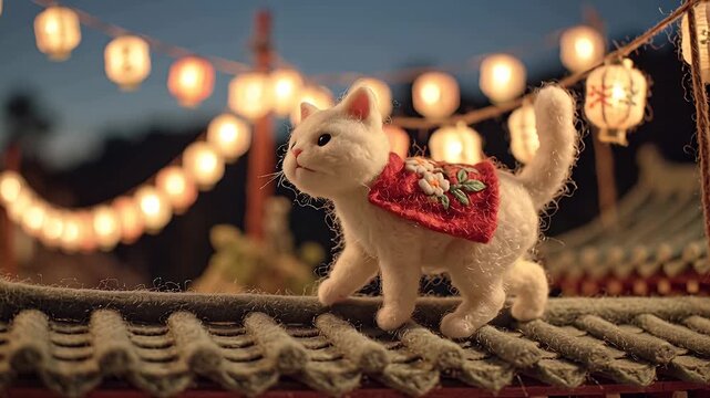 Cat walking on roof at night with lanterns