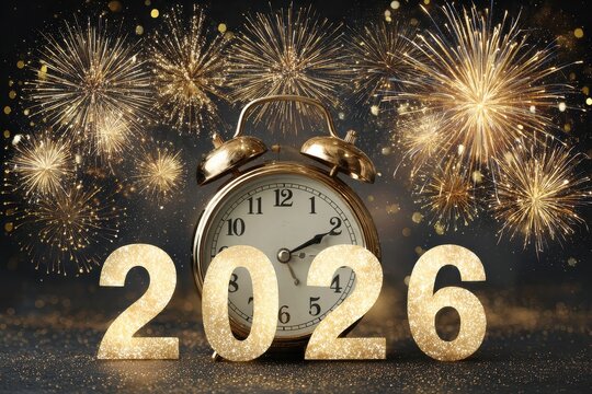 New year celebration with a golden alarm clock and fireworks for 2026