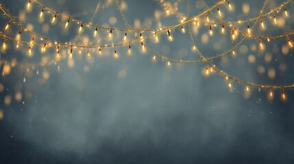 String of warm glowing holiday lights hanging against dark background