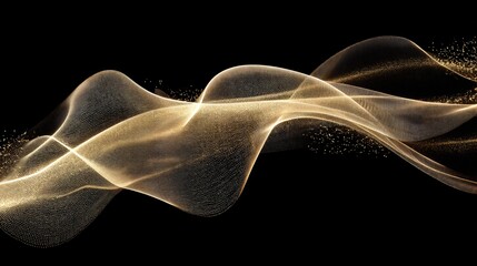 Abstract golden glowing particle wave flowing on a black background
