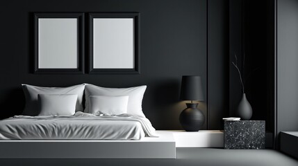 Minimalist modern bedroom interior design with dark wall and bed