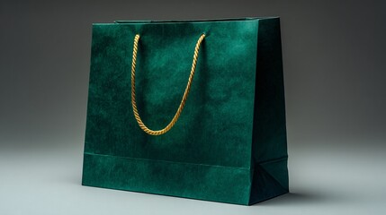 Elegant dark green shopping bag with golden rope handle studio shot