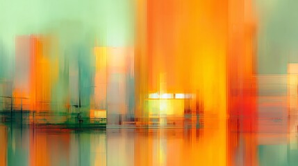 Vibrant abstract cityscape with warm orange and cool green tones