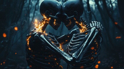 Eternal Embrace, A Haunting Dance of Skeletons Under the Moonlight