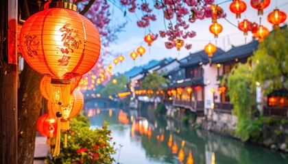 Red Chinese lanterns and cherry blossoms line a traditional waterside town canal, illuminated at dusk with reflections.