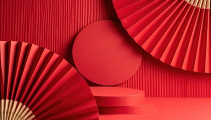 Red Studio Background with Product Podium and Oriental Paper Fans for Lunar New Year Celebration