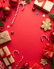 Christmas holiday background with gifts, candy canes, and ornaments framing a vibrant red surface.