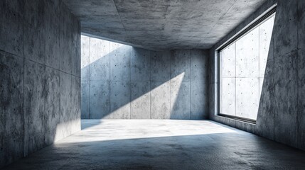 Empty brutalist concrete room interior with dramatic window light