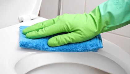 Person in green rubber glove wiping white toilet seat with blue microfiber cloth