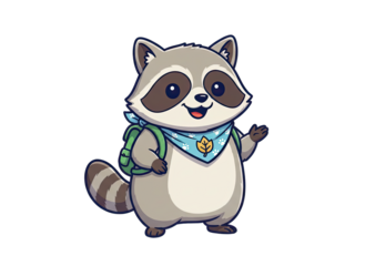 Cute Pixel Art Raccoon Character Wearing Blue Bandana and Green Backpack Waving Hand on Black Background
