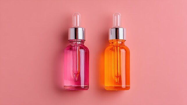 Vibrant pink and orange serum bottles for youthful skin, perfect for beauty blogs, cosmetic ads, and wellness promotions, showcasing radiant skincare solutions