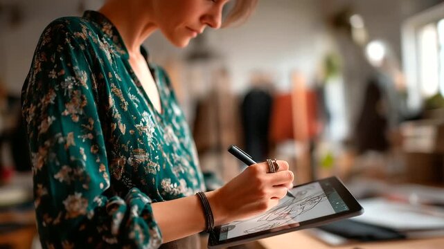 Fashion designer hands sketching dress design on tablet face not visible fashion illustration clothing design digital sketch fashion drawing design process tablet work stud